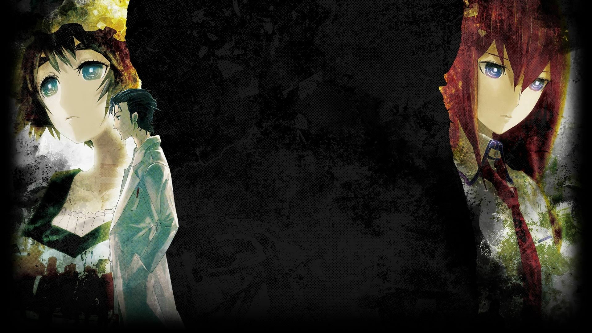 HD desktop wallpaper featuring Mayuri Shiina and Kurisu Makise from the anime Steins;Gate, with a dark, textured background.
