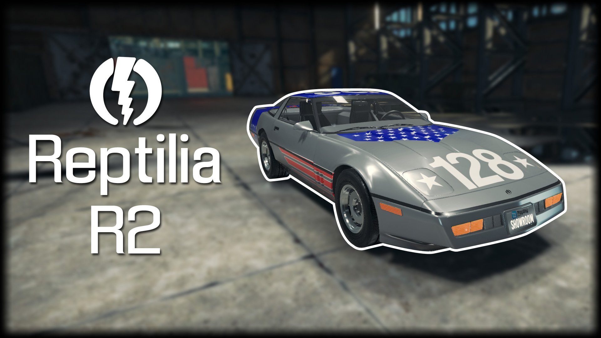 HD PC desktop wallpaper and background from the video game Car Mechanic Simulator 2018: Reptilia R2 sports car (#128) parked in a dim, industrial garage.