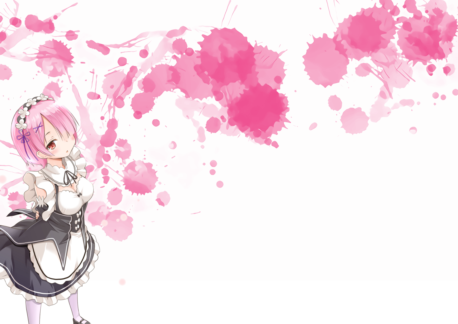 HD PC desktop wallpaper featuring Ram from the anime Re:Zero - Starting Life in Another World, with a pink watercolor splash background.