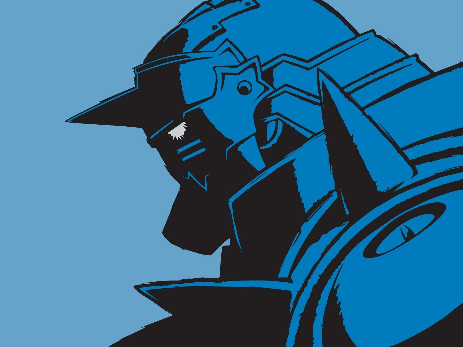 HD anime desktop wallpaper featuring a stylized blue-toned close-up of Alphonse Elric from Fullmetal Alchemist.