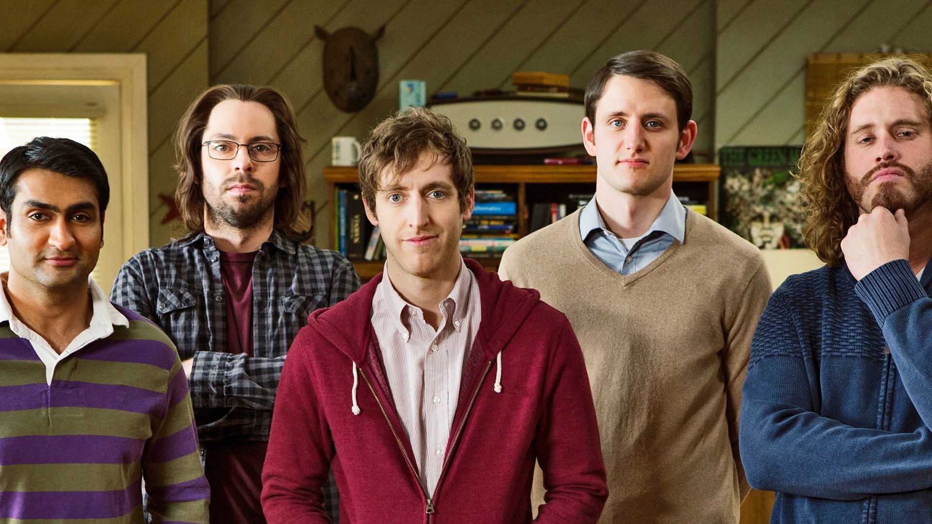 HD desktop wallpaper featuring a group of five men standing together, representing Silicon Valley.