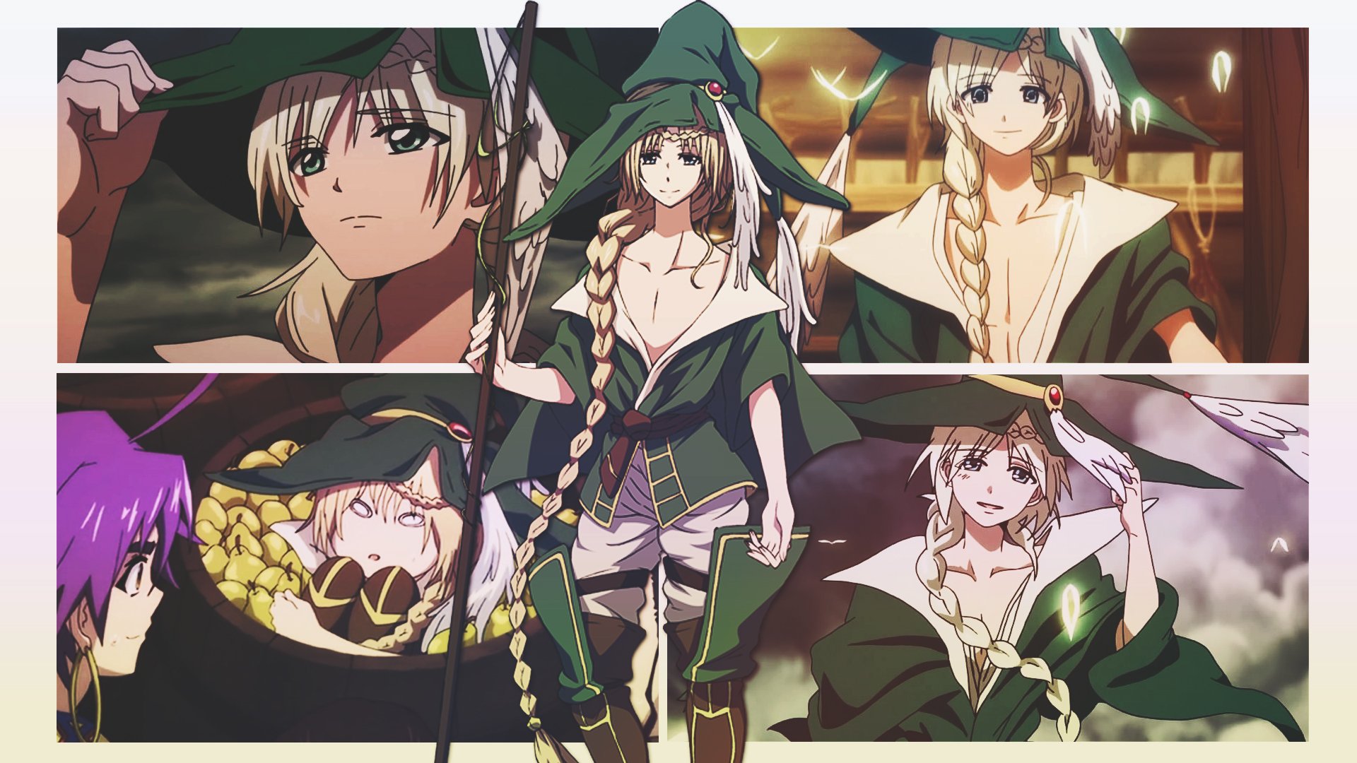 HD PC desktop wallpaper featuring Yunan from the anime Magi: The Labyrinth of Magic in various poses and outfits.