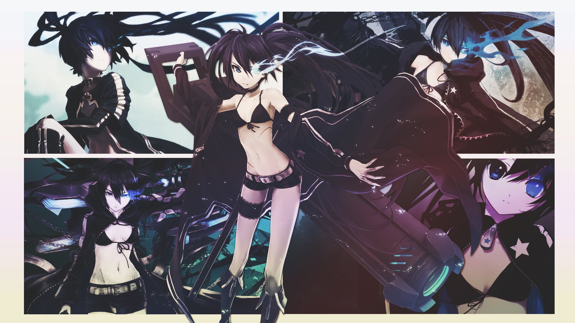 HD PC desktop wallpaper featuring Mato Kuroi from the anime Black Rock Shooter in various dynamic poses with dark and vibrant tones.