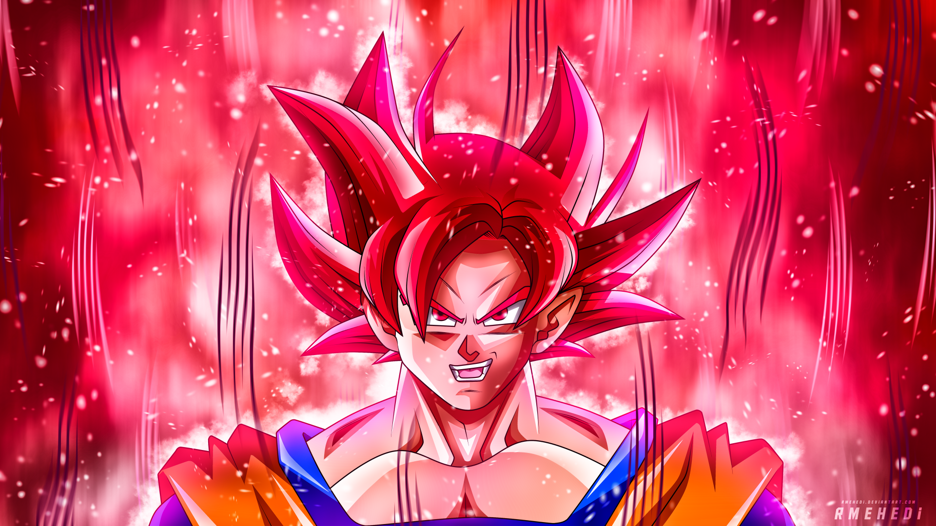 Goku from Dragon Ball Super in a vibrant red aura, depicted in a dynamic 4K Ultra HD anime-style desktop wallpaper.