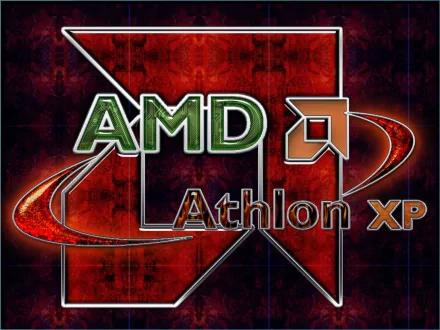 A vibrant HD desktop wallpaper featuring the AMD logo and Athlon XP text, set against a dynamic red and black background, showcasing technology aesthetics.