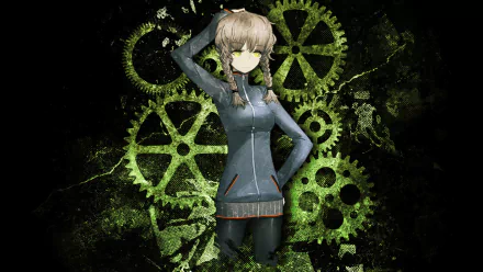 HD desktop wallpaper featuring Suzuha Amane from the anime Steins;Gate, with a dynamic background of green gears and a dark, textured backdrop.