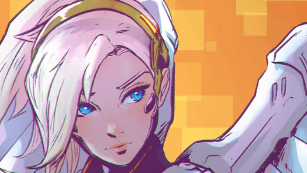Close-up illustration of Mercy (Overwatch) with white hair and vivid blue eyes, framed by a warm orange pixelated background — HD PC desktop wallpaper.