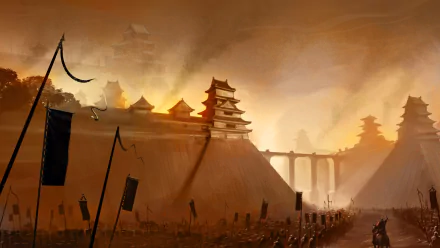 HD desktop wallpaper of Shadow Tactics: Blades Of The Shogun, depicting a dramatic sunset over a feudal Japanese castle surrounded by banners and soldiers.