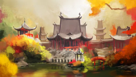 HD PC desktop wallpaper featuring a vibrant, stylized landscape from the video game Shadow Tactics: Blades Of The Shogun, showcasing traditional Japanese architecture and colorful foliage.