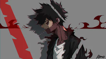 HD desktop wallpaper featuring Dabi from My Hero Academia, with black hair, blue eyes, and noticeable scars, surrounded by a dark aura. The image is tagged with Anime and Boku No Hero Academia.