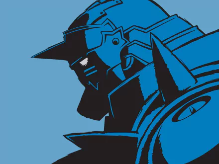 HD anime desktop wallpaper featuring a stylized blue-toned close-up of Alphonse Elric from Fullmetal Alchemist.