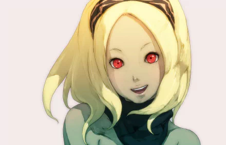 HD PC desktop wallpaper and background of Kat from the video game Gravity Rush — close-up portrait of a blonde, wide-eyed heroine with glowing red eyes smiling against a pale backdrop.
