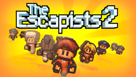 HD PC desktop wallpaper/background showing pixel-art prisoners and guards from the video game The Escapists 2 on a bright orange backdrop.