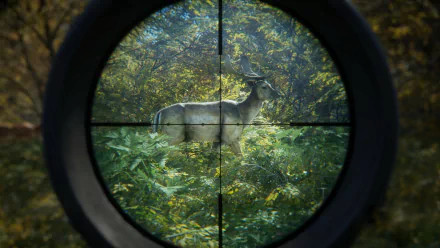 Through a rifle scope, a deer stands in thick greenery; HD PC desktop wallpaper and background from the video game theHunter: Call of the Wild.