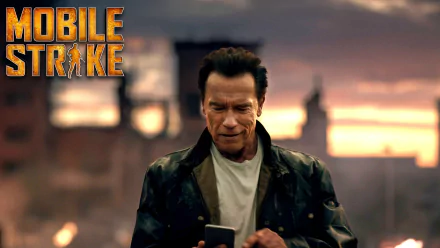 Arnold Schwarzenegger in a Mobile Strike HD wallpaper, with the game's logo and an intense battlefield backdrop.