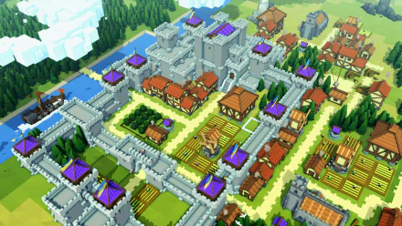 HD desktop wallpaper featuring a vibrant, animated Kingdoms and Castles game scene with a bustling medieval town and fortified castle.