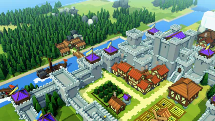 HD wallpaper featuring the vibrant, block-style graphics of the game Kingdoms and Castles with a castle, houses, and surrounding forest.