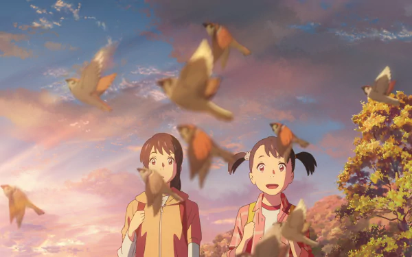 HD PC desktop wallpaper of Yotsuha and Mitsuha Miyamizu from Your Name., smiling as birds flutter around them against a pastel sunset