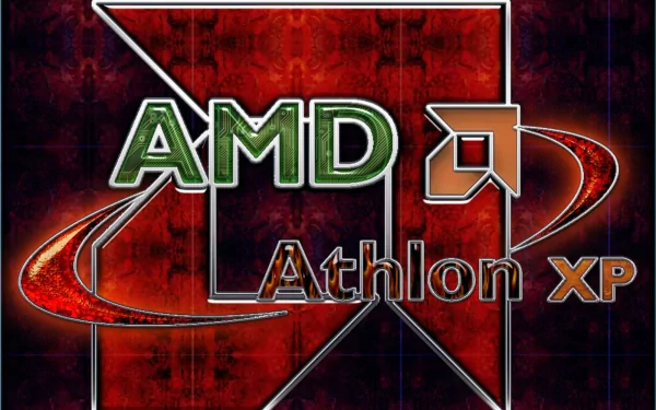 A vibrant HD desktop wallpaper featuring the AMD logo and Athlon XP text, set against a dynamic red and black background, showcasing technology aesthetics.