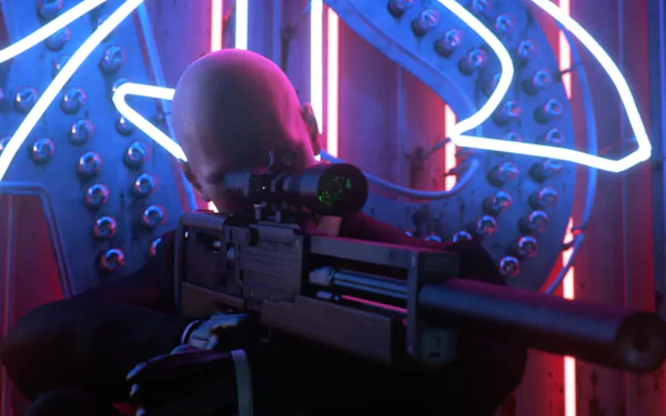 HD PC desktop wallpaper of video game Hitman (2016): Agent 47 aims a silenced sniper rifle amid pink and blue neon, silhouetted against a studded metallic wall.