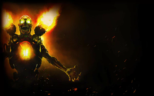 Revenant from Doom (2016) HD PC desktop wallpaper: skeletal, rocket-powered demon with glowing eyes and chest reactor, framed by roaring flames, embers and a dark smoky background.