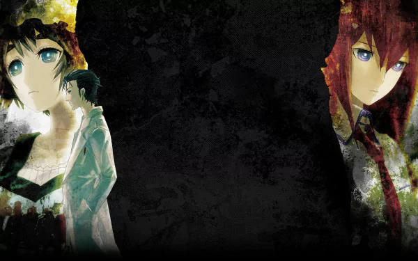 HD desktop wallpaper featuring Mayuri Shiina and Kurisu Makise from the anime Steins;Gate, with a dark, textured background.