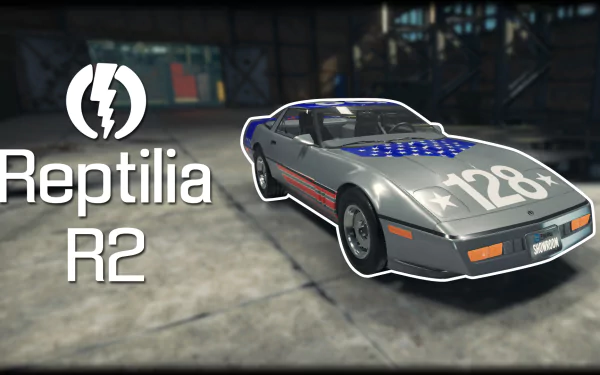 HD PC desktop wallpaper and background from the video game Car Mechanic Simulator 2018: Reptilia R2 sports car (#128) parked in a dim, industrial garage.