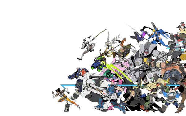 HD PC desktop wallpaper featuring a dynamic group of Overwatch video game characters clustered on a white background.