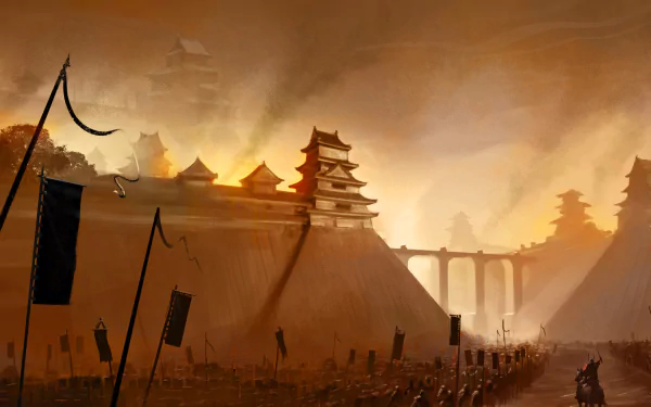 HD desktop wallpaper of Shadow Tactics: Blades Of The Shogun, depicting a dramatic sunset over a feudal Japanese castle surrounded by banners and soldiers.
