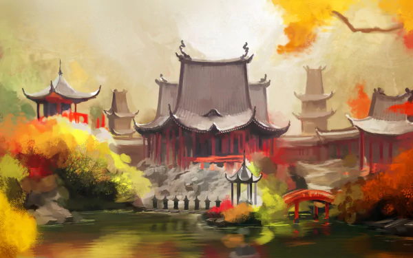 HD PC desktop wallpaper featuring a vibrant, stylized landscape from the video game Shadow Tactics: Blades Of The Shogun, showcasing traditional Japanese architecture and colorful foliage.