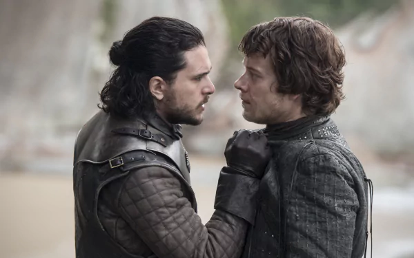 Close-up of two Game of Thrones characters in winter cloaks locked in a tense stare — 4K Ultra HD PC desktop wallpaper.