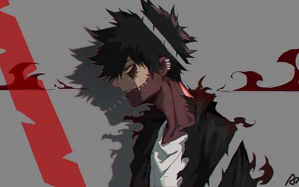 HD desktop wallpaper featuring Dabi from My Hero Academia, with black hair, blue eyes, and noticeable scars, surrounded by a dark aura. The image is tagged with Anime and Boku No Hero Academia.