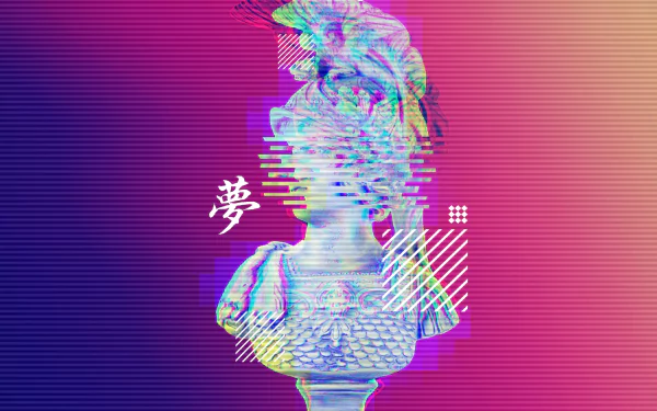 Artistic vaporwave HD PC desktop wallpaper featuring a glitch-effect classical bust with vibrant pink and purple gradients and Japanese characters.