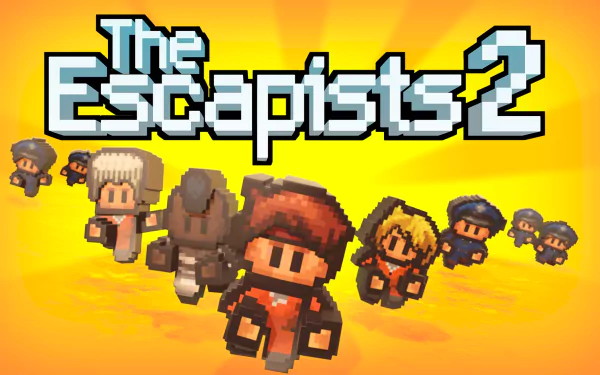 HD PC desktop wallpaper/background showing pixel-art prisoners and guards from the video game The Escapists 2 on a bright orange backdrop.