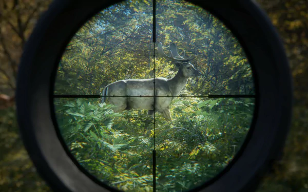 Through a rifle scope, a deer stands in thick greenery; HD PC desktop wallpaper and background from the video game theHunter: Call of the Wild.