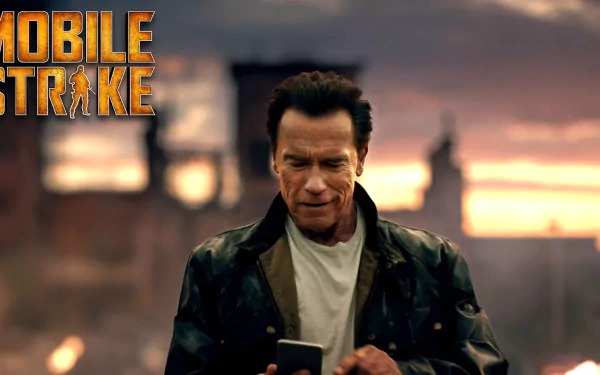 Arnold Schwarzenegger in a Mobile Strike HD wallpaper, with the game's logo and an intense battlefield backdrop.