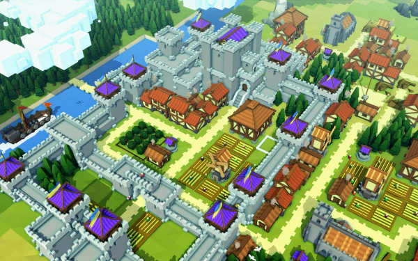 HD desktop wallpaper featuring a vibrant, animated Kingdoms and Castles game scene with a bustling medieval town and fortified castle.
