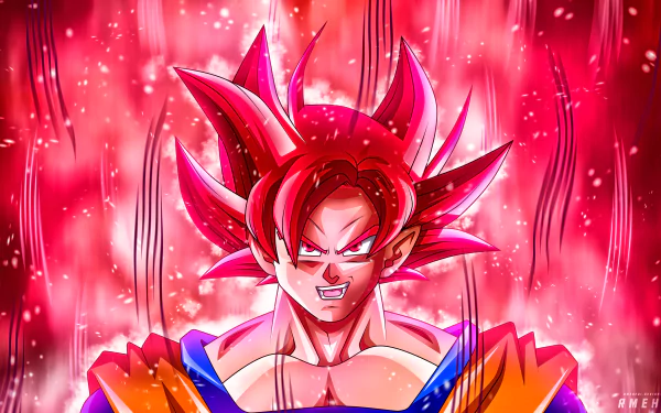 Goku from Dragon Ball Super in a vibrant red aura, depicted in a dynamic 4K Ultra HD anime-style desktop wallpaper.