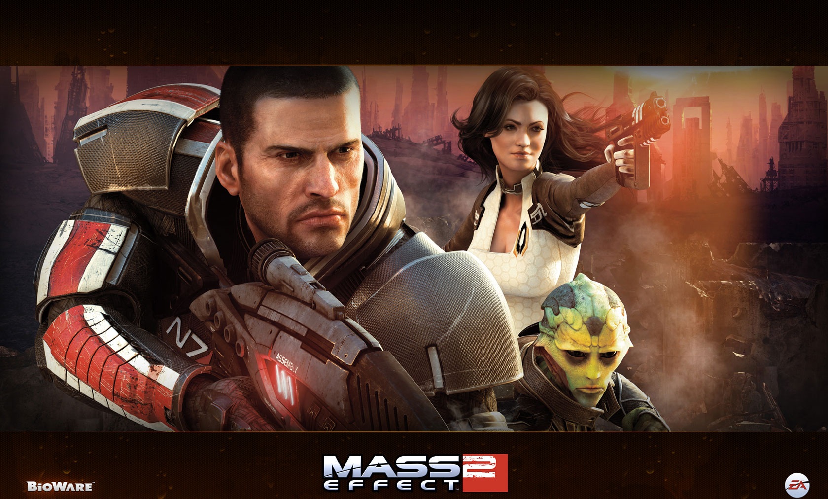 Commander Shepard, Miranda Lawson, and Thane Krios in HD desktop wallpaper.
