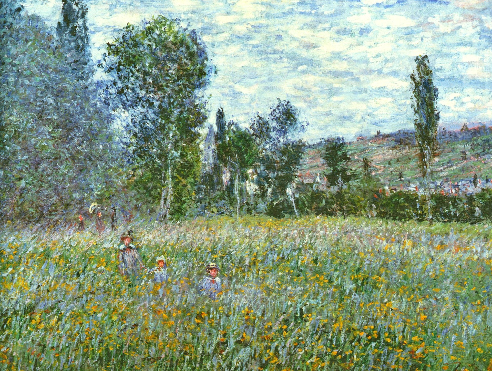 Artistic HD desktop wallpaper depicting children playing in a vibrant field of wildflowers surrounded by trees under a bright sky, capturing nature's beauty.