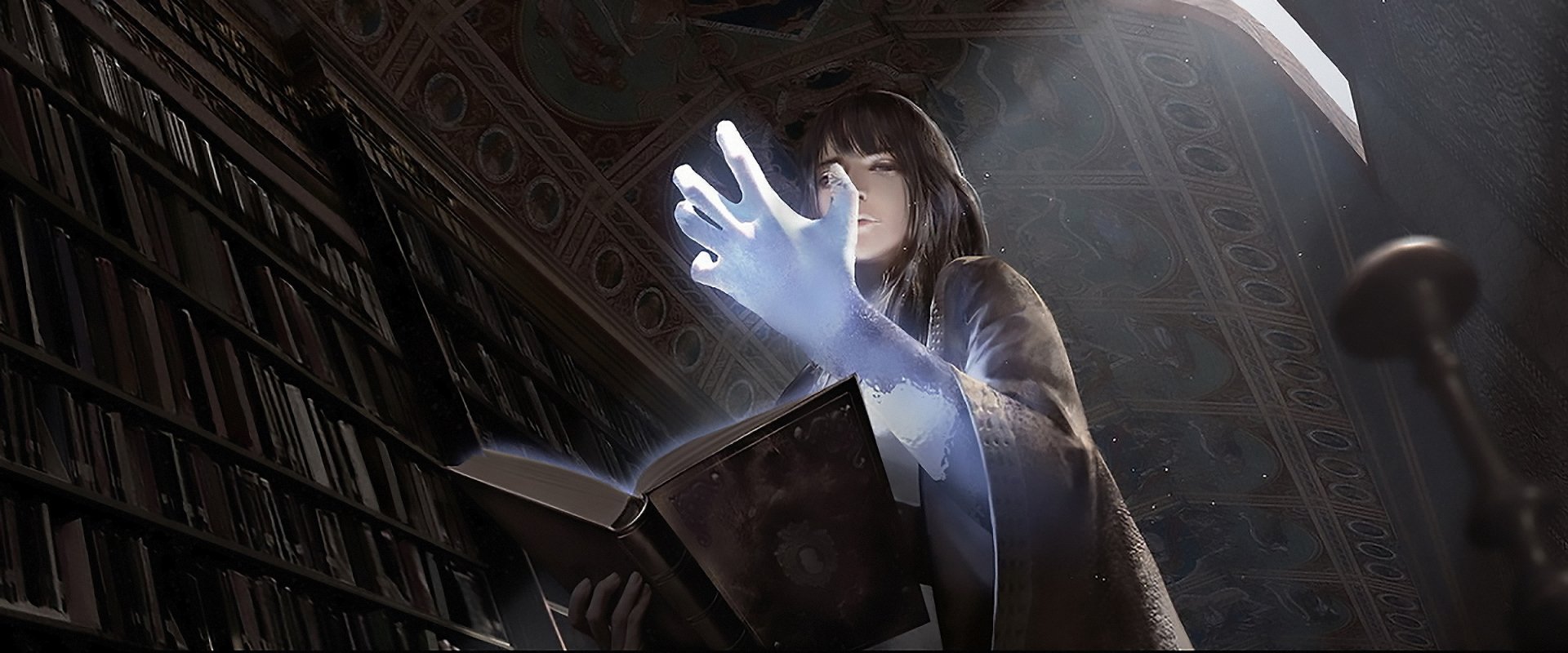 Anime-style mage casting magic from a glowing book in a dark, ornate library. HD PC desktop wallpaper with an original fantasy theme.