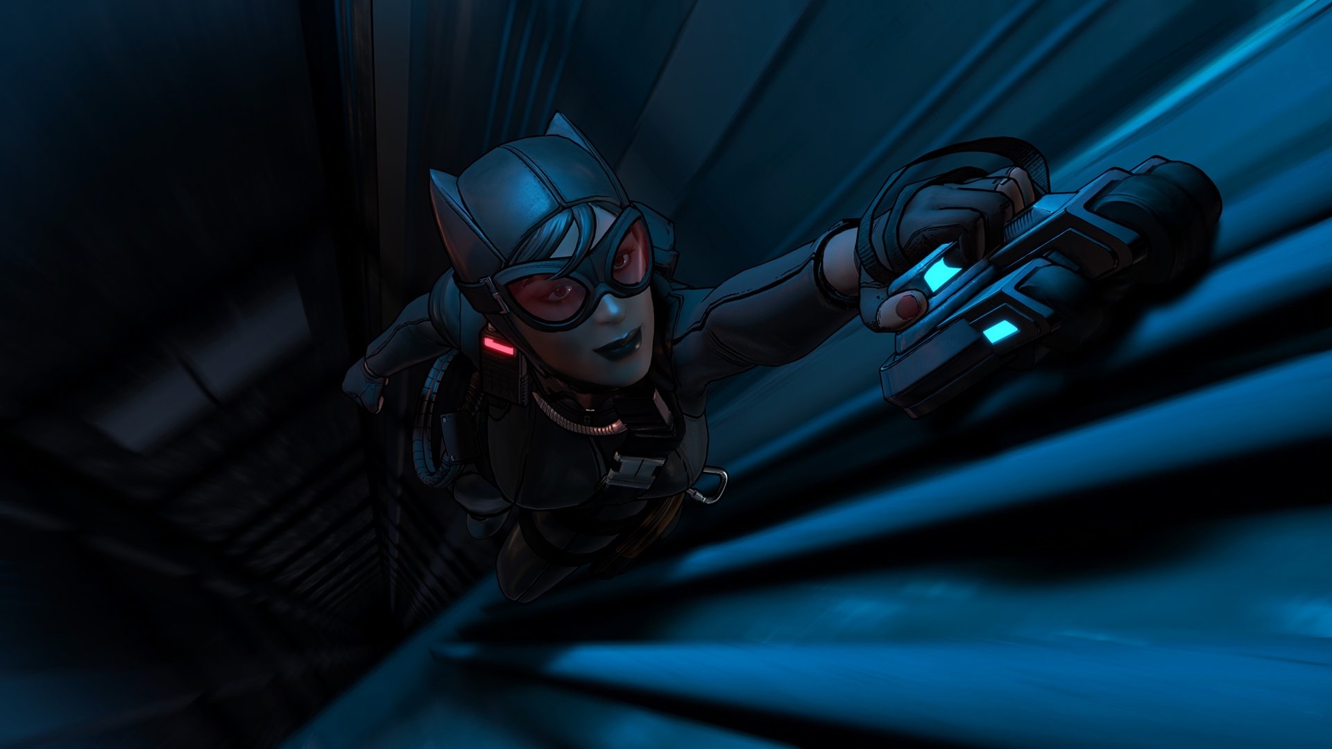 Selina Kyle as Catwoman in a dynamic 4K Ultra HD scene from Batman - The Telltale Series, climbing a dark industrial shaft with glowing red goggles.