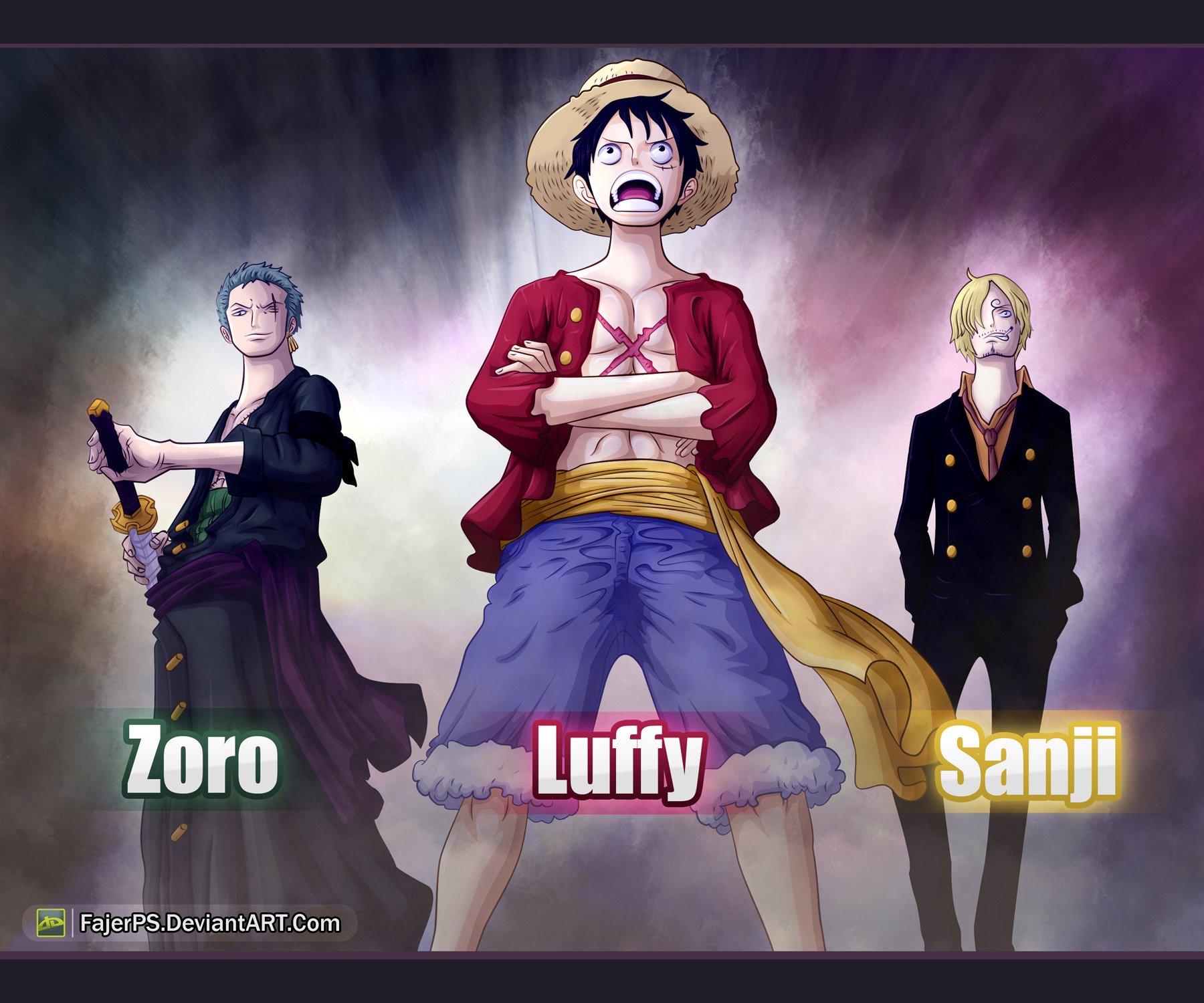 HD anime wallpaper featuring One Piece characters Zoro, Luffy, and Sanji standing confidently against a dramatic, smoky background.