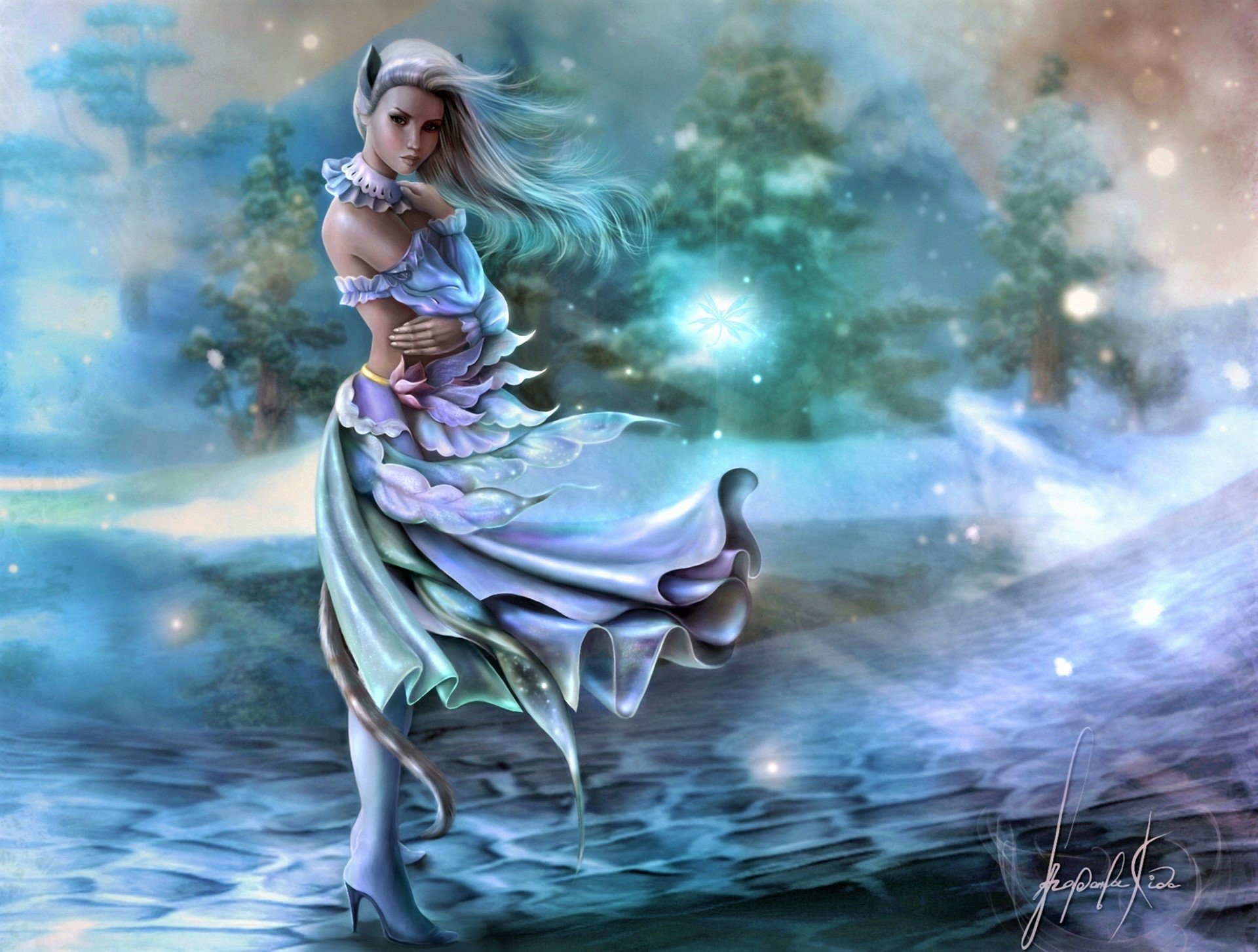 A fantasy HD desktop wallpaper depicting a woman with white hair and animal ears standing in a snowy, mystical landscape.