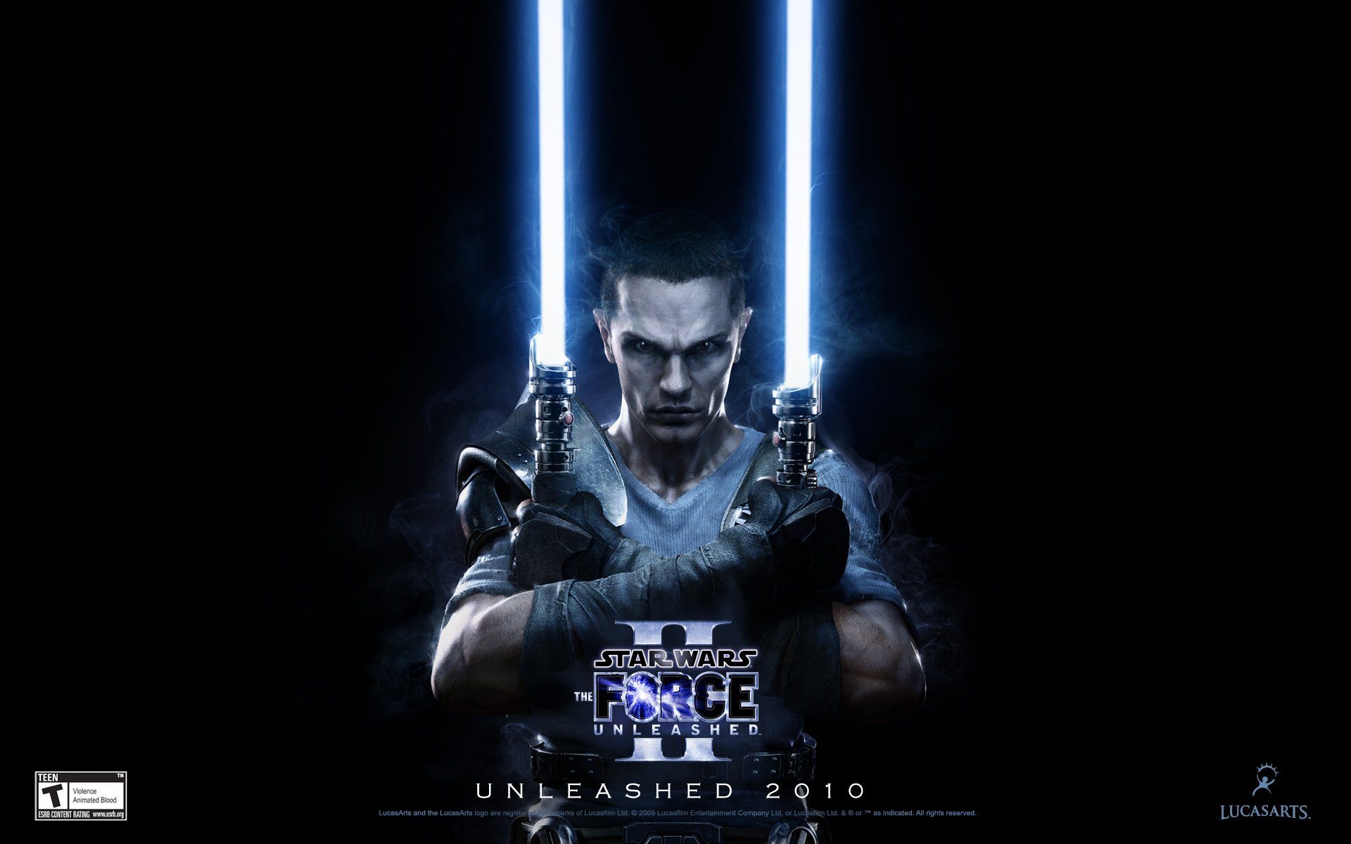 HD PC desktop wallpaper featuring a character from the video game Star Wars: The Force Unleashed II wielding two blue lightsabers with intense focus.