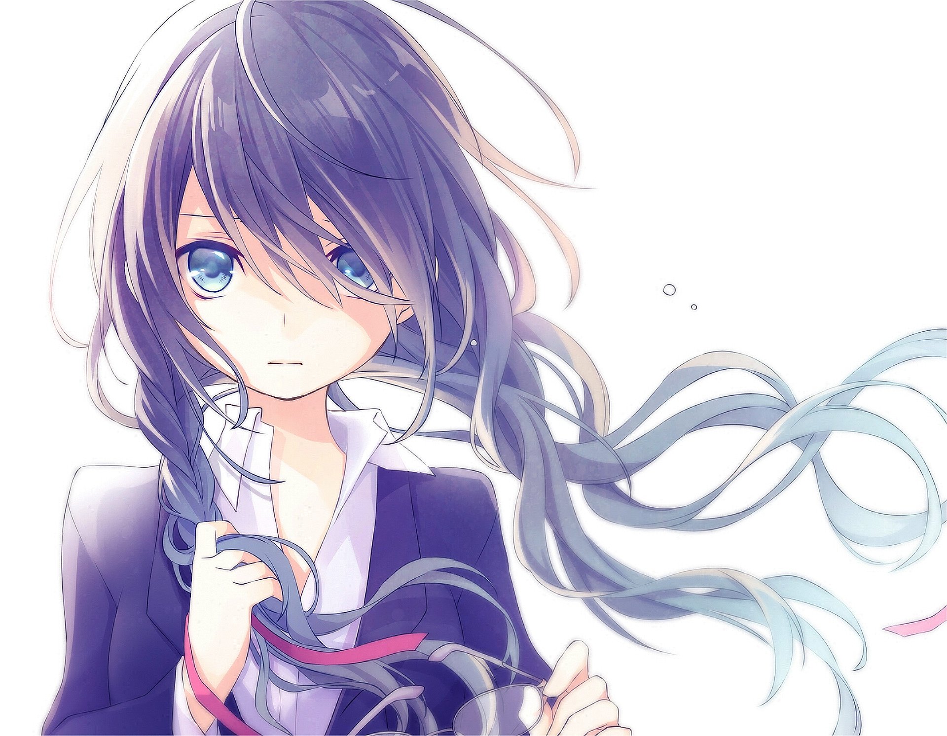 Anime-style original HD desktop wallpaper featuring a girl with flowing dark hair and striking blue eyes against a soft, bright background.