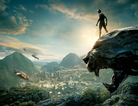HD desktop wallpaper featuring Black Panther from the Marvel Comics movie, with Black Panther standing heroically atop a statue overlooking the futuristic city of Wakanda at sunset.