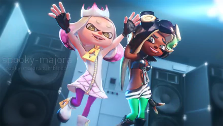 HD PC desktop wallpaper featuring Pearl and Marina from the video game Splatoon 2 in a vibrant, energetic pose on stage.
