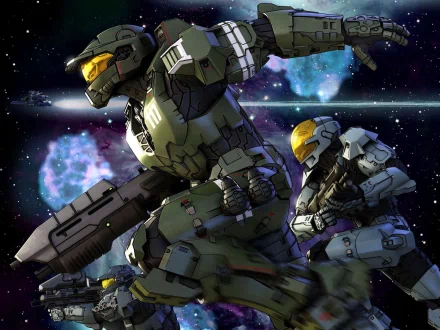 HD PC desktop wallpaper featuring two armored soldiers from the movie Halo Legends set against a cosmic space background.