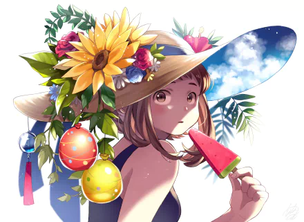 HD desktop wallpaper featuring Ochaco Uraraka from My Hero Academia in anime style, wearing a floral hat and holding a watermelon popsicle.